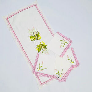 Vintage Table Linens Set White Pink Floral Embroidered Set Spring Floral